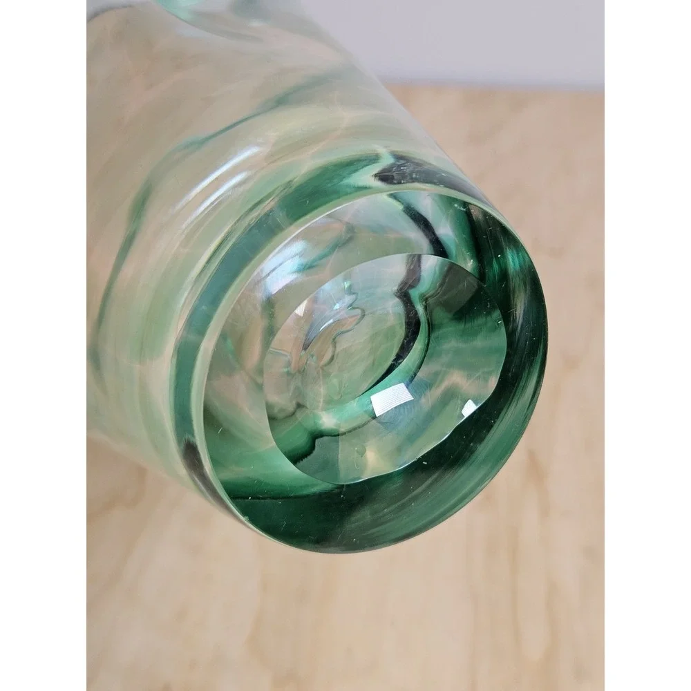 Hand Blown Art Glass Vase Clear Green Striped Ruffled Rim 7 Inch Decorative